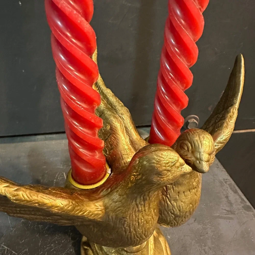 Vintage Gold Tone Ceramic Love Birds‎ Candlestick Holder Romantic Table Decor